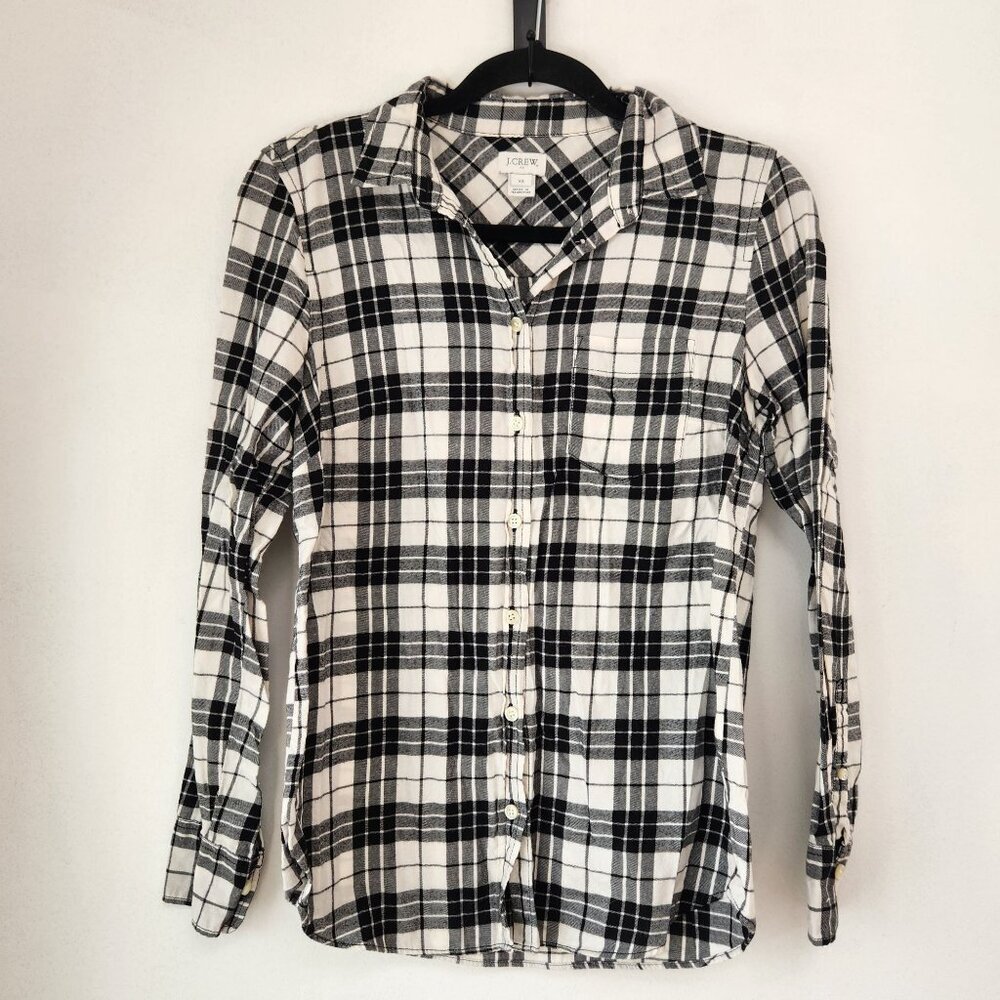 J. Crew White Black Plaid Long Sleeve Button Down Flannel Shirt Women's XS